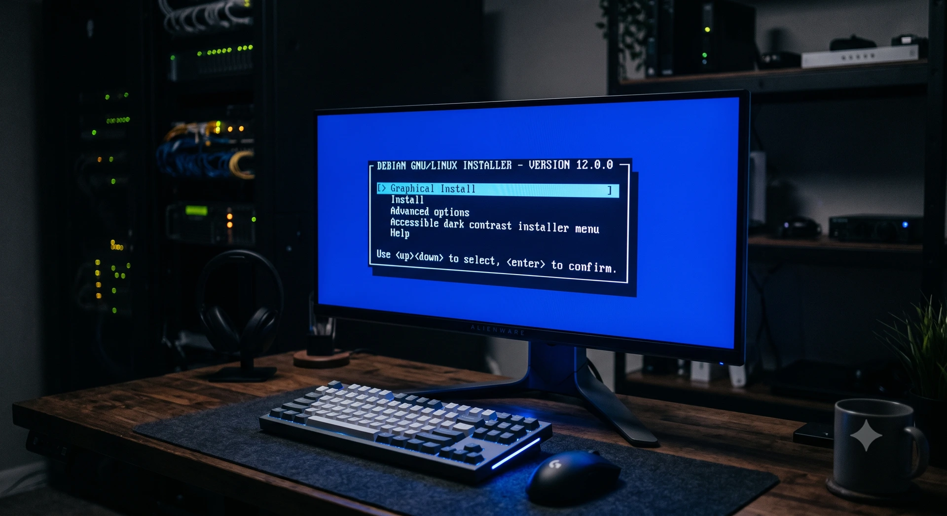 Tela azul do menu inicial de instalação do sistema operacional Debian Linux.