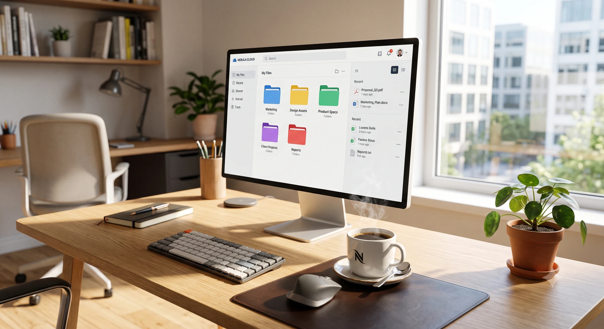 Interface web de gestão de arquivos aberta em um monitor moderno em um escritório iluminado.