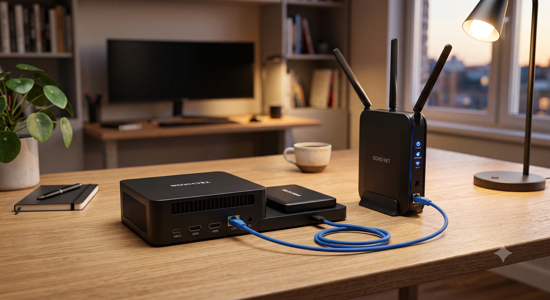 Mini PC preto configurado como servidor caseiro em uma mesa de madeira ao lado de um roteador Wi-Fi.