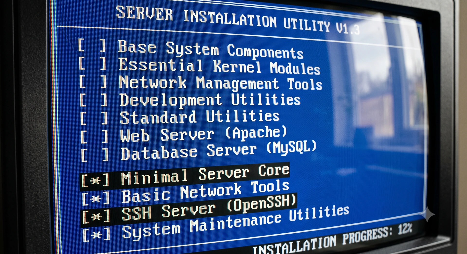 Tela de seleção de pacotes durante a instalação enxuta do Debian Linux para servidores.